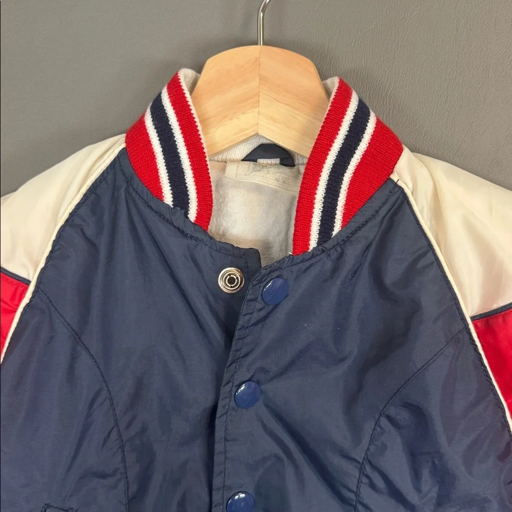 Vintage Kids Varsity Bomber Jacket Red White Blue Nylon Snap Front 70s-80s